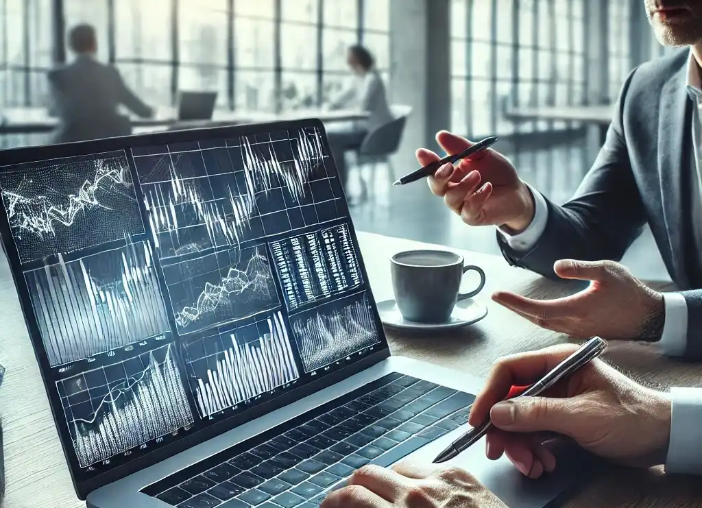 Estação de trabalho profissional para negociação no mercado de CFD com gráficos e dados financeiros em tempo real.